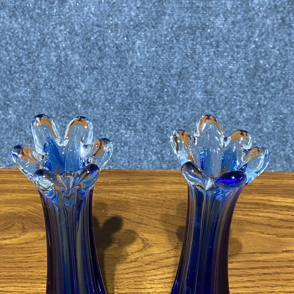 Vintage MCM Cobalt Blue Swung Glass Bud Vases 6 Finger Ruffled Set of 2 9